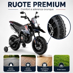 Moto Elettrica 12V per bambini Aprilia RX con Musiche Luci Mp3 Marcia avanti e indietro Sospensione a Molla Blue-Nero