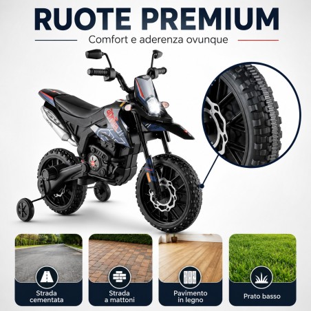 Moto Elettrica 12V per bambini Aprilia RX con Musiche Luci Mp3 Marcia avanti e indietro Sospensione a Molla Blue-Nero
