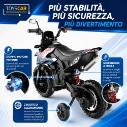 Moto Elettrica 12V per bambini Aprilia RX con Musiche Luci Mp3 Marcia avanti e indietro Sospensione a Molla Blue-Nero