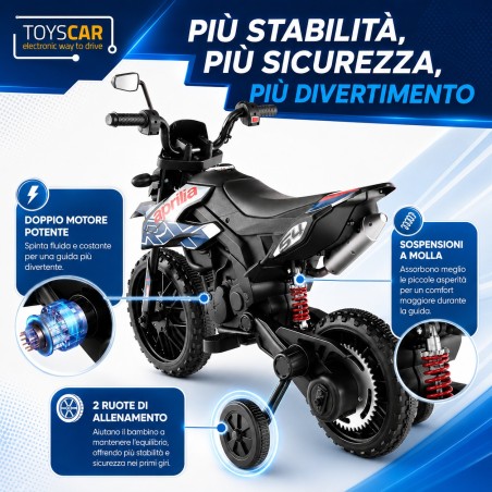 Moto Elettrica 12V per bambini Aprilia RX con Musiche Luci Mp3 Marcia avanti e indietro Sospensione a Molla Blue-Nero