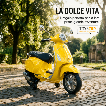 Moto Vespa Primavera Elettrica per Bambini 12V Licenza Ufficiale Piaggio Sedile Pelle Luci LED suono Clacson Giallo Sole