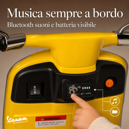 Moto Vespa Primavera Elettrica per Bambini 12V Licenza Ufficiale Piaggio Sedile Pelle Luci LED suono Clacson Giallo Sole