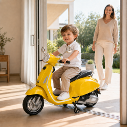 Moto Vespa Primavera Elettrica per Bambini 12V Licenza Ufficiale Piaggio Sedile Pelle Luci LED suono Clacson Giallo Sole