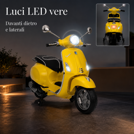 Moto Vespa Primavera Elettrica per Bambini 12V Licenza Ufficiale Piaggio Sedile Pelle Luci LED suono Clacson Giallo Sole