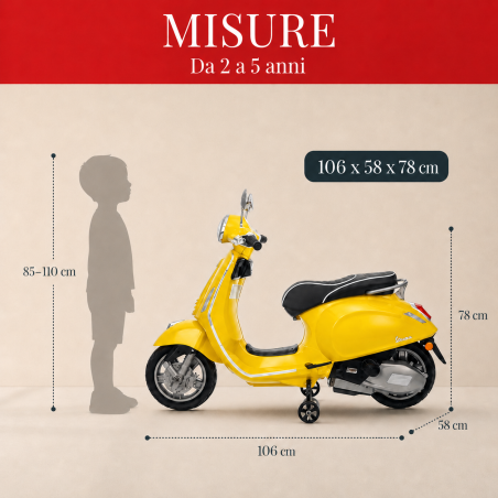Moto Vespa Primavera Elettrica per Bambini 12V Licenza Ufficiale Piaggio Sedile Pelle Luci LED suono Clacson Giallo Sole