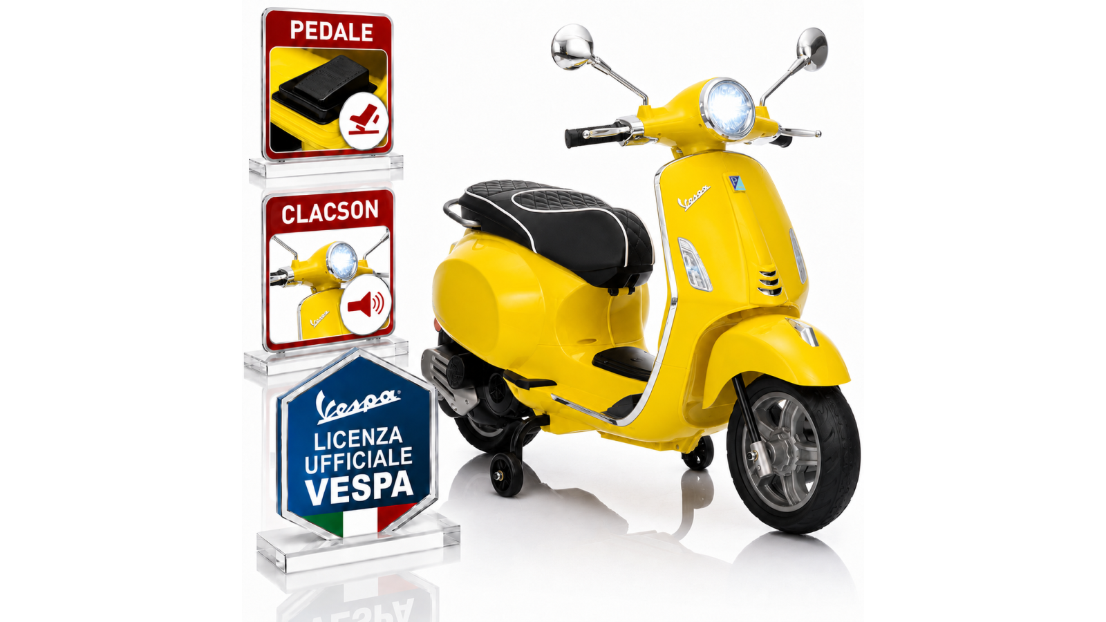 Moto Vespa Primavera Elettrica per Bambini 12V Licenza Ufficiale Piaggio Sedile Pelle Luci LED suono Clacson Giallo Sole