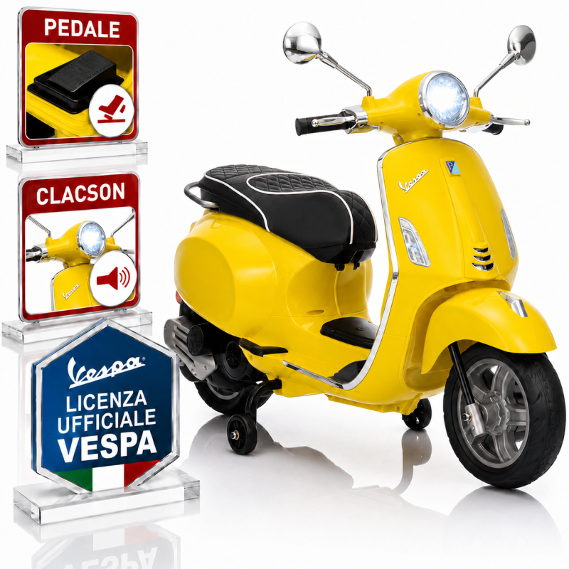 Moto Vespa Primavera Elettrica per Bambini 12V Licenza Ufficiale Piaggio Sedile Pelle Luci LED suono Clacson Giallo Sole