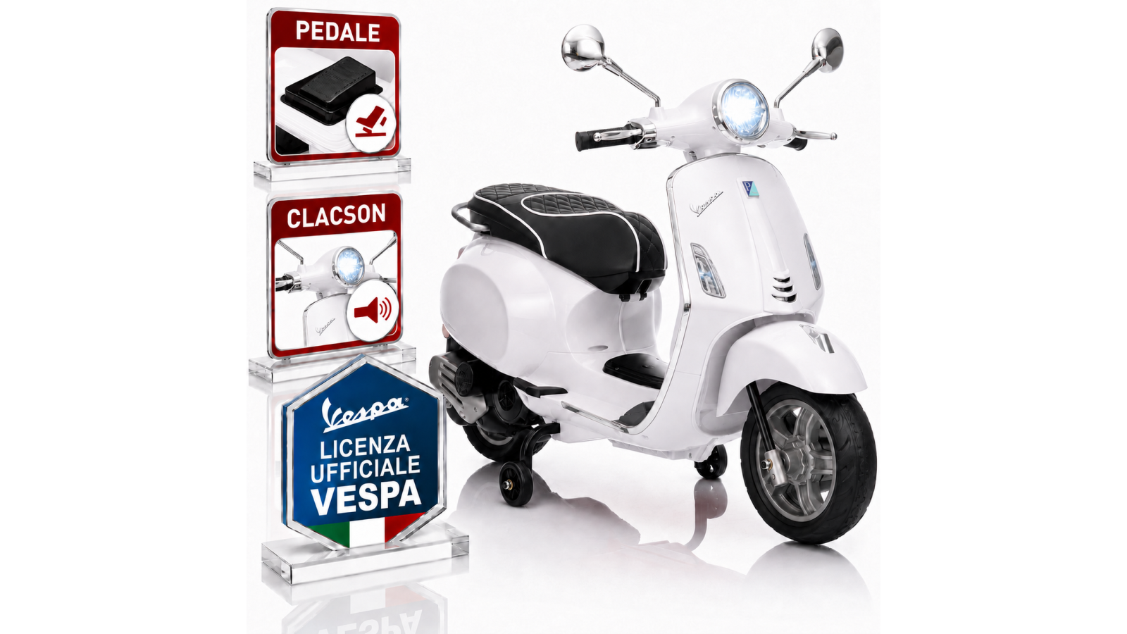 Vespa Primavera Elettrica per Bambini 12V Licenza Ufficiale Piaggio Sedile Pelle Luci LED suono Clacson Bianco