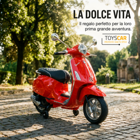 Vespa Primavera Elettrica per Bambini 12V Licenza Ufficiale Piaggio Sedile Pelle Luci LED suono Clacson Rossa