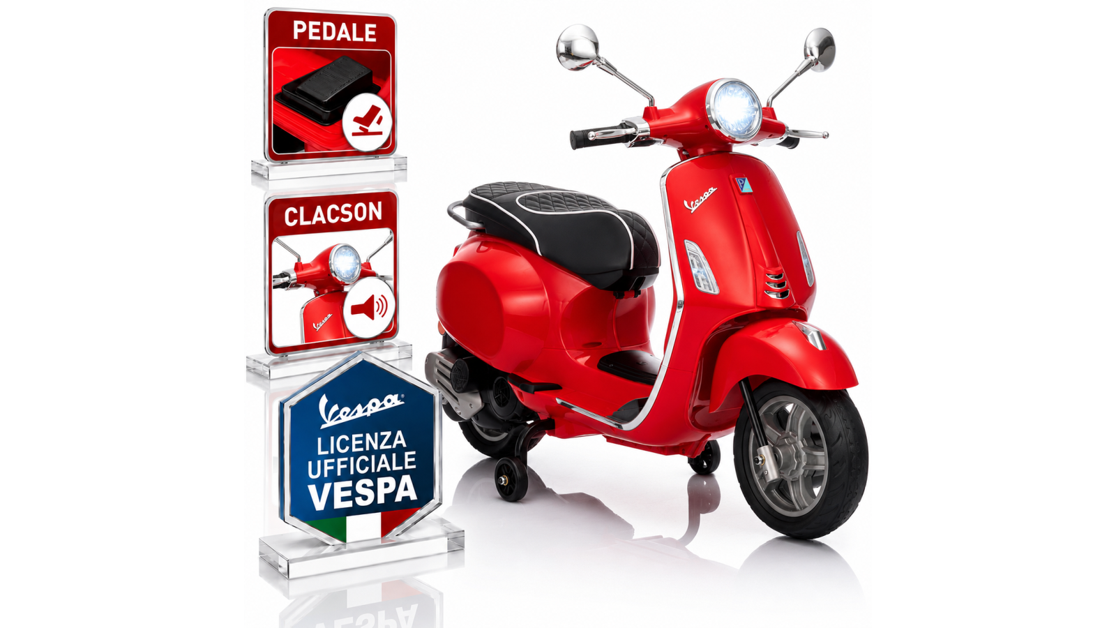 Vespa Primavera Elettrica per Bambini 12V Licenza Ufficiale Piaggio Sedile Pelle Luci LED suono Clacson Rossa