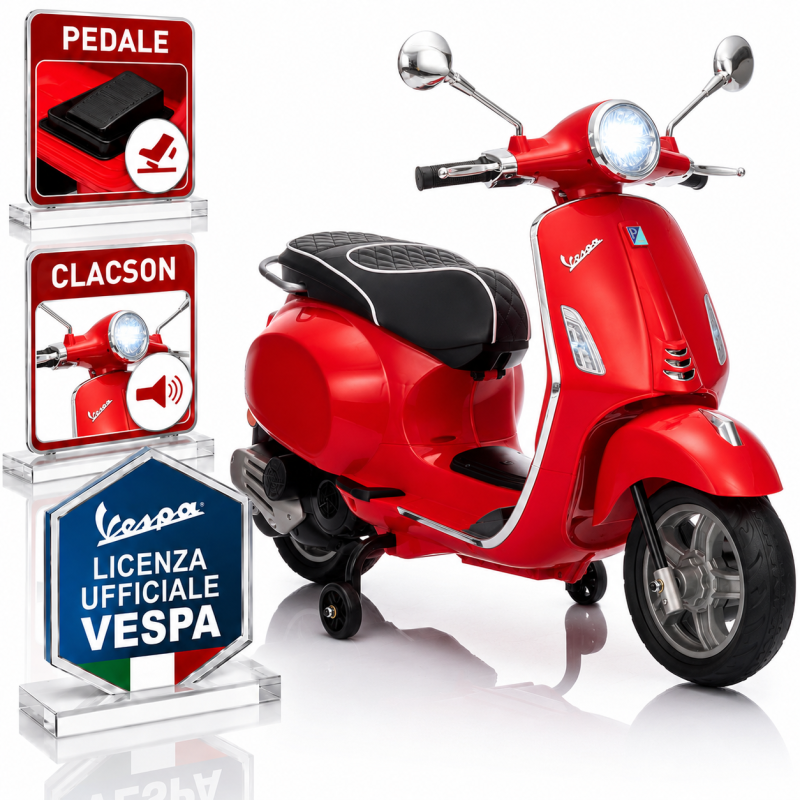 Vespa Primavera Elettrica per Bambini 12V Licenza Ufficiale Piaggio Sedile Pelle Luci LED suono Clacson Rossa