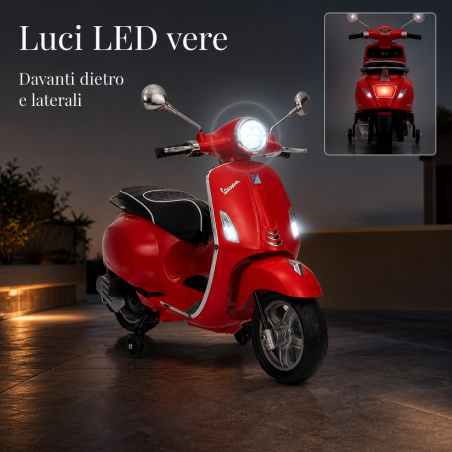 Vespa Primavera Elettrica per Bambini 12V Licenza Ufficiale Piaggio Sedile Pelle Luci LED suono Clacson Rossa