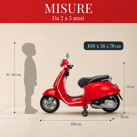Vespa Primavera Elettrica per Bambini 12V Licenza Ufficiale Piaggio Sedile Pelle Luci LED suono Clacson Rossa