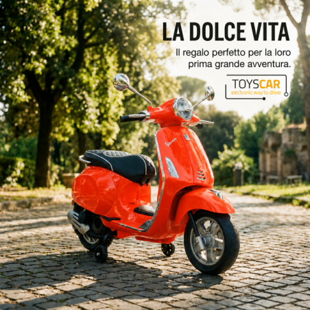 Vespa Primavera Elettrica per Bambini 12V Licenza Ufficiale Piaggio Sedile Pelle Luci LED suono Clacson Arancione