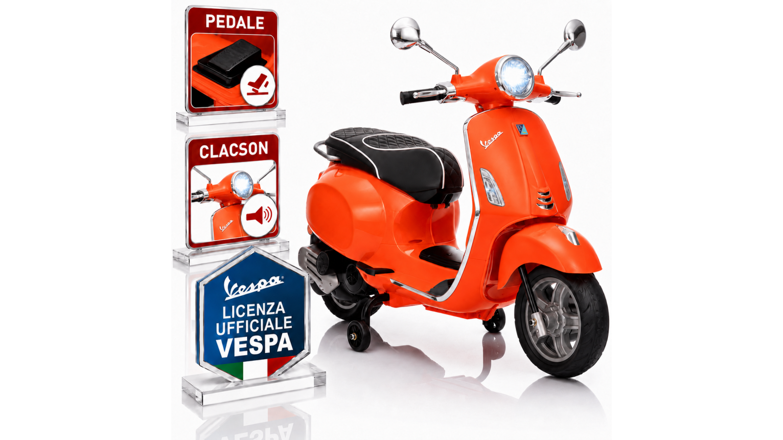 Vespa Primavera Elettrica per Bambini 12V Licenza Ufficiale Piaggio Sedile Pelle Luci LED suono Clacson Arancione
