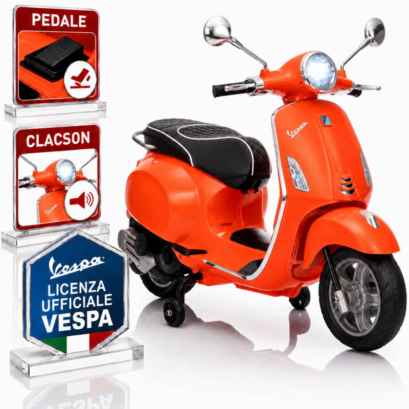 Vespa Primavera Elettrica per Bambini 12V Licenza Ufficiale Piaggio Sedile Pelle Luci LED suono Clacson Arancione