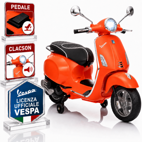 Vespa Primavera Elettrica per Bambini 12V Licenza Ufficiale Piaggio Sedile Pelle Luci LED suono Clacson Arancione