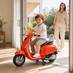 Vespa Primavera Elettrica per Bambini 12V Licenza Ufficiale Piaggio Sedile Pelle Luci LED suono Clacson Arancione