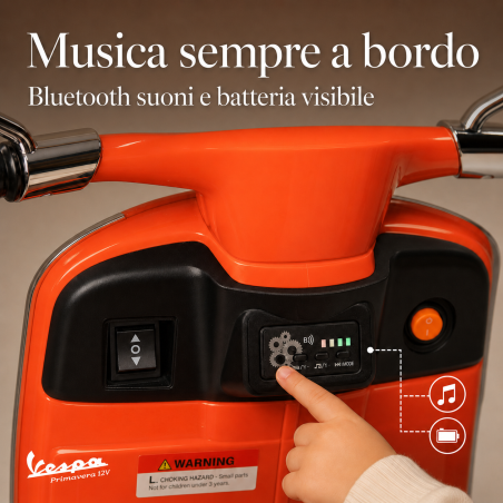 Vespa Primavera Elettrica per Bambini 12V Licenza Ufficiale Piaggio Sedile Pelle Luci LED suono Clacson Arancione