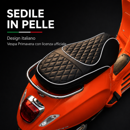 Vespa Primavera Elettrica per Bambini 12V Licenza Ufficiale Piaggio Sedile Pelle Luci LED suono Clacson Arancione