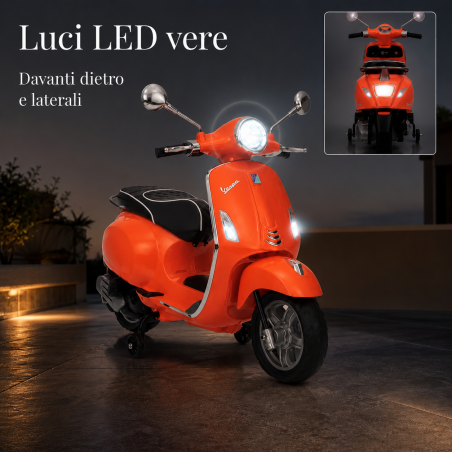 Vespa Primavera Elettrica per Bambini 12V Licenza Ufficiale Piaggio Sedile Pelle Luci LED suono Clacson Arancione