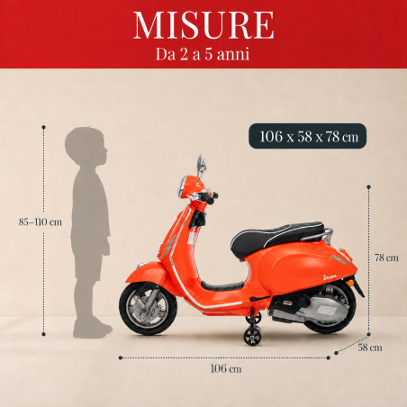 Vespa Primavera Elettrica per Bambini 12V Licenza Ufficiale Piaggio Sedile Pelle Luci LED suono Clacson Arancione