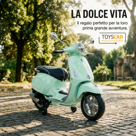 Moto Vespa Primavera Elettrica per Bambini 12V Licenza Ufficiale Piaggio Sedile Pelle Luci LED suono Clacson VERDE MENTA