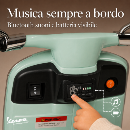 Moto Vespa Primavera Elettrica per Bambini 12V Licenza Ufficiale Piaggio Sedile Pelle Luci LED suono Clacson VERDE MENTA