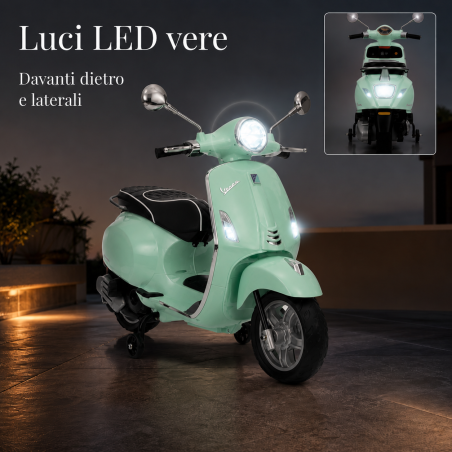 Moto Vespa Primavera Elettrica per Bambini 12V Licenza Ufficiale Piaggio Sedile Pelle Luci LED suono Clacson VERDE MENTA