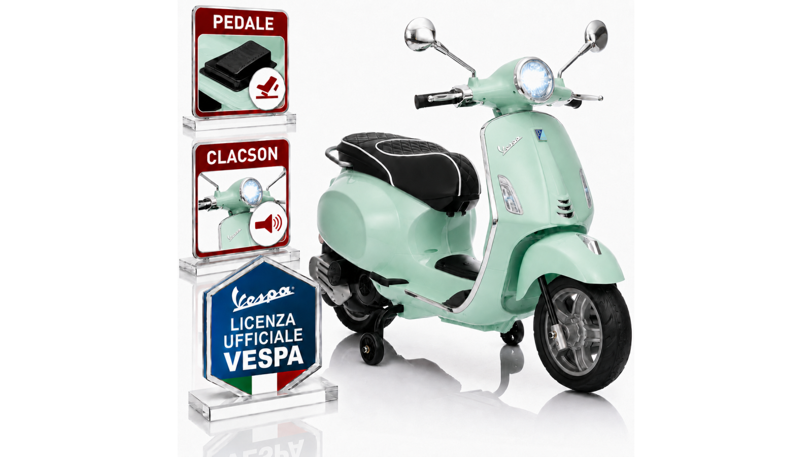 Moto Vespa Primavera Elettrica per Bambini 12V Licenza Ufficiale Piaggio Sedile Pelle Luci LED suono Clacson VERDE MENTA