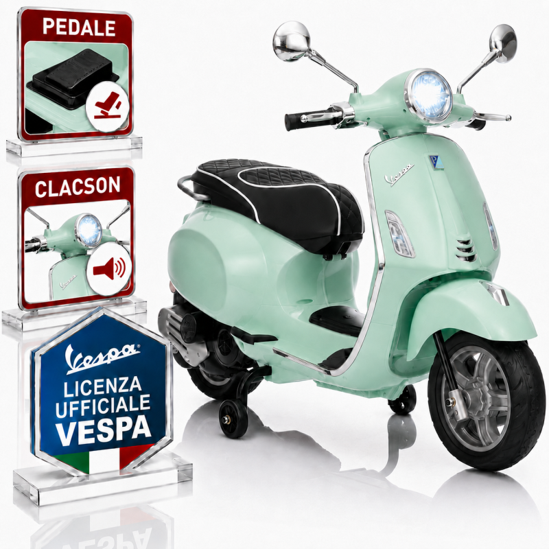 Moto Vespa Primavera Elettrica per Bambini 12V Licenza Ufficiale Piaggio Sedile Pelle Luci LED suono Clacson VERDE MENTA