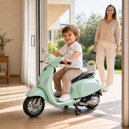 Moto Vespa Primavera Elettrica per Bambini 12V Licenza Ufficiale Piaggio Sedile Pelle Luci LED suono Clacson VERDE MENTA
