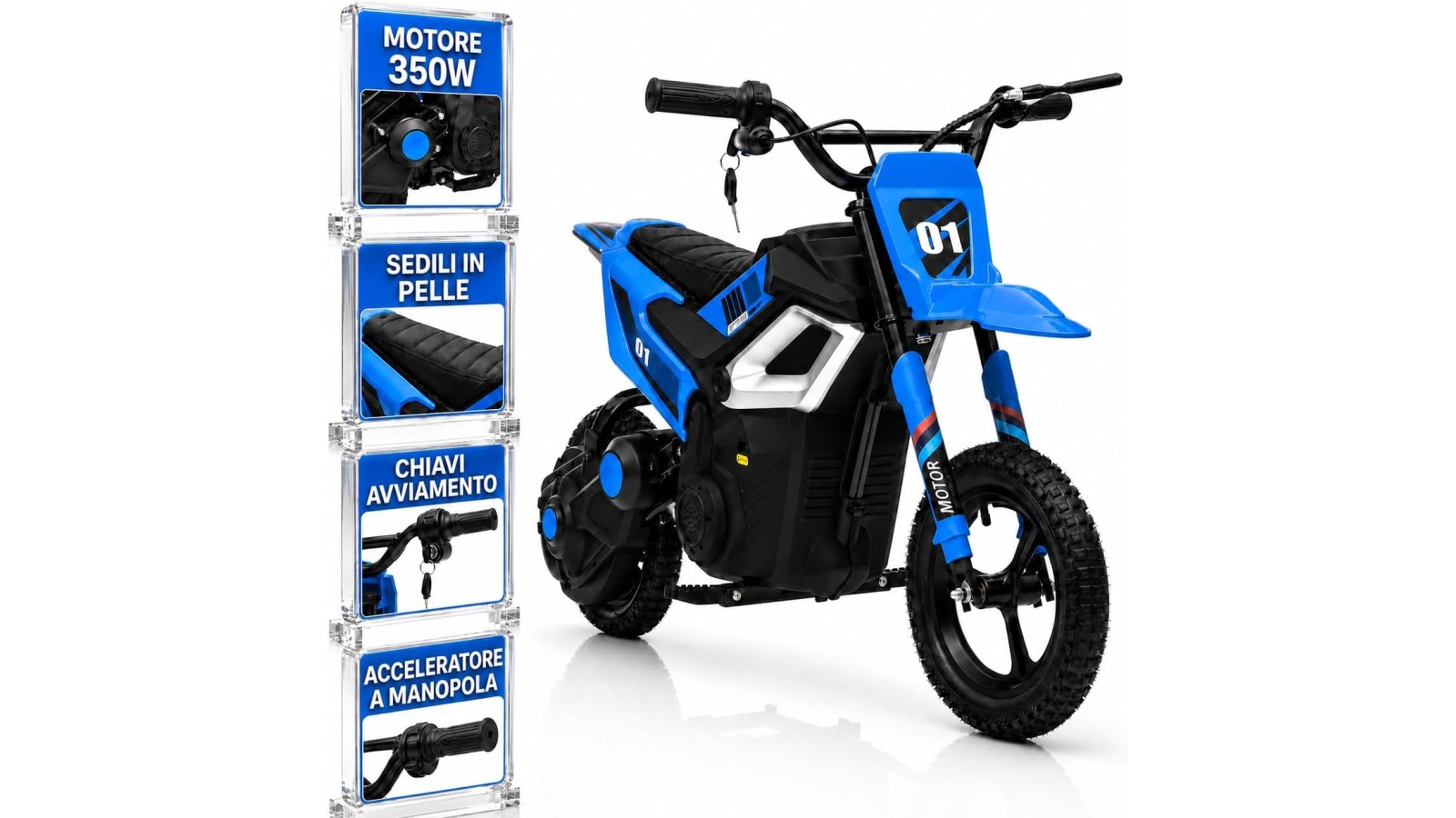 Moto Elettrica per Bambini 24V Motore 350W Ruote Gonfiabili Freno a Disco Sedile in Pelle fino a 22 km/h portata 63KG Blue