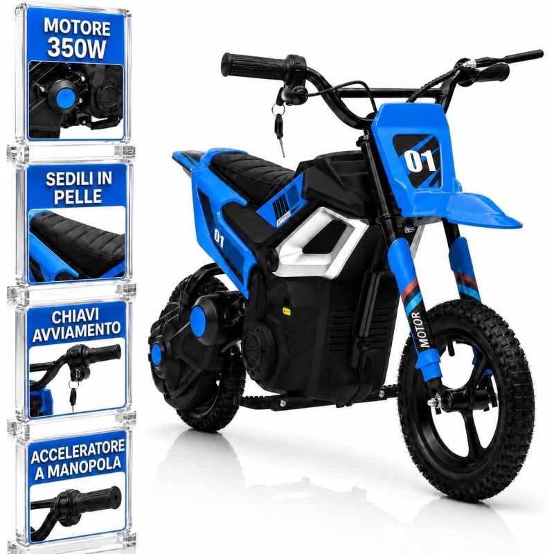 Moto Elettrica per Bambini 24V Motore 350W Ruote Gonfiabili Freno a Disco Sedile in Pelle fino a 22 km/h portata 63KG Blue