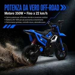 Moto Elettrica per Bambini 24V Motore 350W Ruote Gonfiabili Freno a Disco Sedile in Pelle fino a 22 km/h portata 63KG Blue