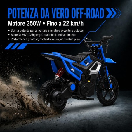 Moto Elettrica per Bambini 24V Motore 350W Ruote Gonfiabili Freno a Disco Sedile in Pelle fino a 22 km/h portata 63KG Blue