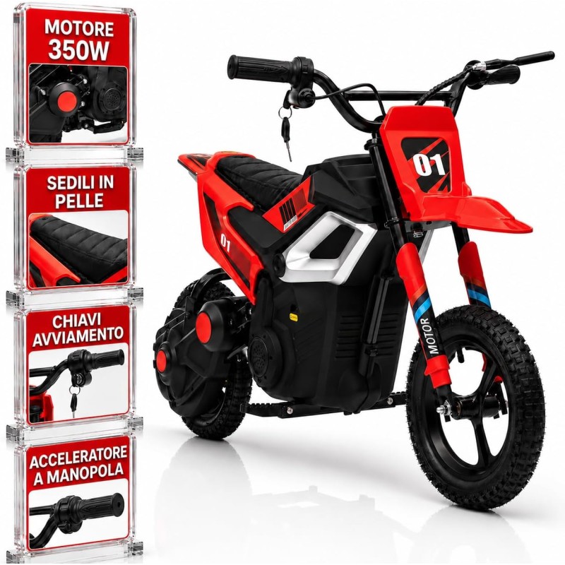 Moto Elettrica per Bambini 24V Motore 350W Ruote Gonfiabili Freno a Disco Sedile in Pelle fino a 22 km/h portata 63KG Rossa