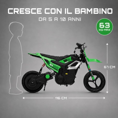 Moto Elettrica per Bambini 24V Motore 350W Ruote Gonfiabili Freno a Disco Sedile in Pelle fino a 22 km/h portata 63KG Verde