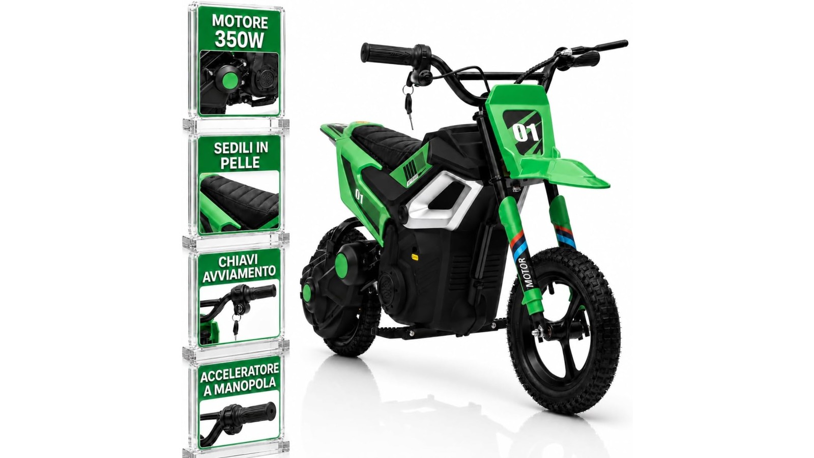 Moto Elettrica per Bambini 24V Motore 350W Ruote Gonfiabili Freno a Disco Sedile in Pelle fino a 22 km/h portata 63KG Verde