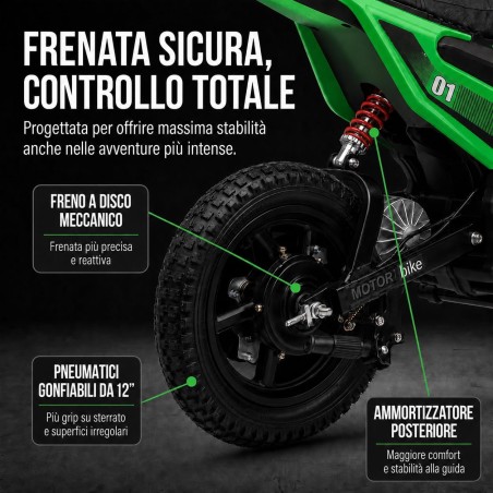 Moto Elettrica per Bambini 24V Motore 350W Ruote Gonfiabili Freno a Disco Sedile in Pelle fino a 22 km/h portata 63KG Verde