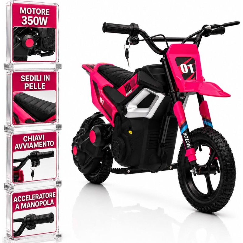 Moto Elettrica per Bambini 24V Motore 350W Ruote Gonfiabili Freno a Disco Sedile in Pelle fino a 22 km/h portata 63KG