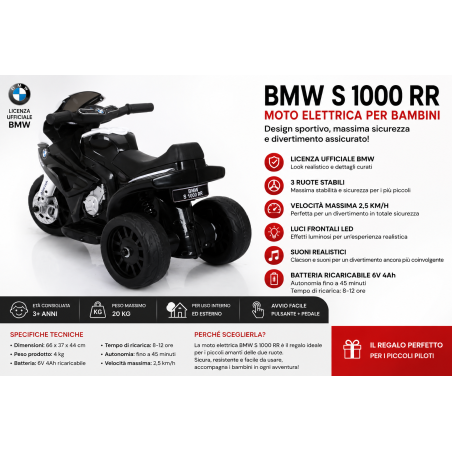 Moto Elettrica per Bambini 18-36 Mesi 6V BMW  S1000RR Sedile Pelle Suoni e Luci portata 20KG Black