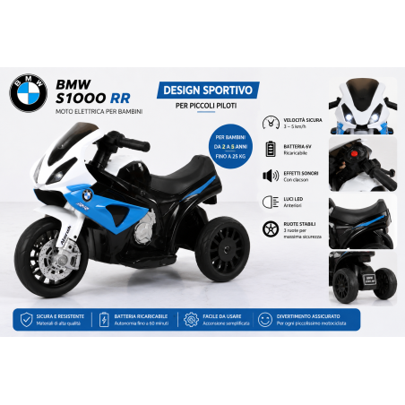 Moto Elettrica per Bambini 18-36 Mesi 6V BMW  S1000RR Sedile Pelle Suoni e Luci portata 20KG Blue