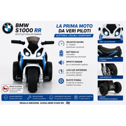 Moto Elettrica per Bambini 18-36 Mesi 6V BMW  S1000RR Sedile Pelle Suoni e Luci portata 20KG Blue