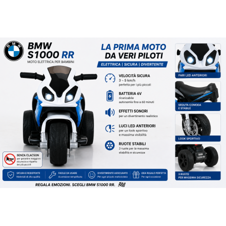 Moto Elettrica per Bambini 18-36 Mesi 6V BMW  S1000RR Sedile Pelle Suoni e Luci portata 20KG Blue