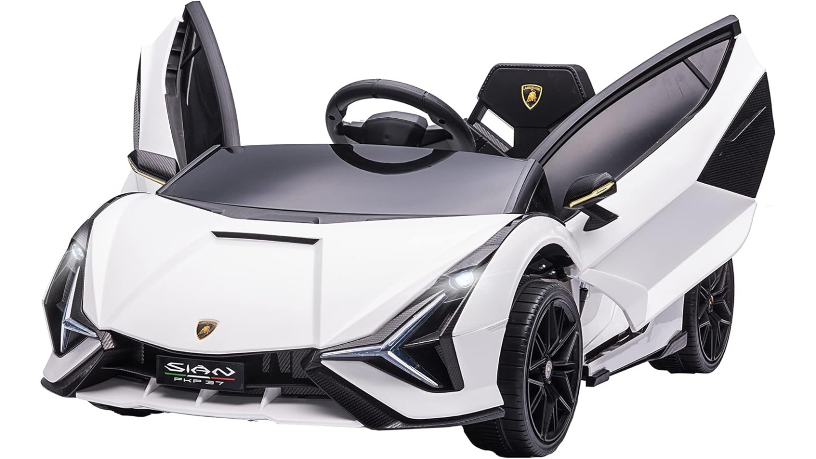 Auto Macchina Elettrica per Bambini 12V Lamborghini Sian con Telecomando Porte apribili Led Bluetooth Radio Sedile Pelle Bianca