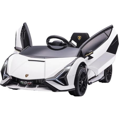 Auto Macchina Elettrica per Bambini 12V Lamborghini Sian con Telecomando Porte apribili Led Bluetooth Radio Sedile Pelle Bianca