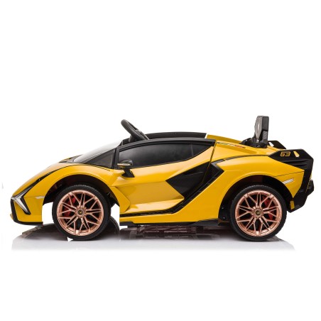 Auto Macchina Elettrica per Bambini 12V Lamborghini Sian con Telecomando Porte apribili Led Bluetooth Radio Sedile Pelle Gialla