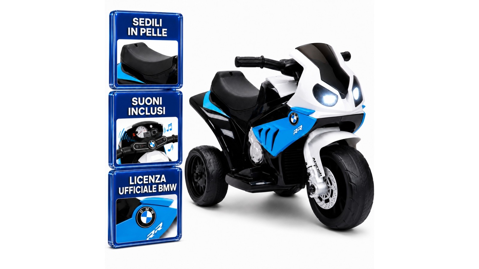 Moto Elettrica per Bambini 18-36 Mesi 6V BMW  S1000RR Sedile Pelle Suoni e Luci portata 20KG Blue