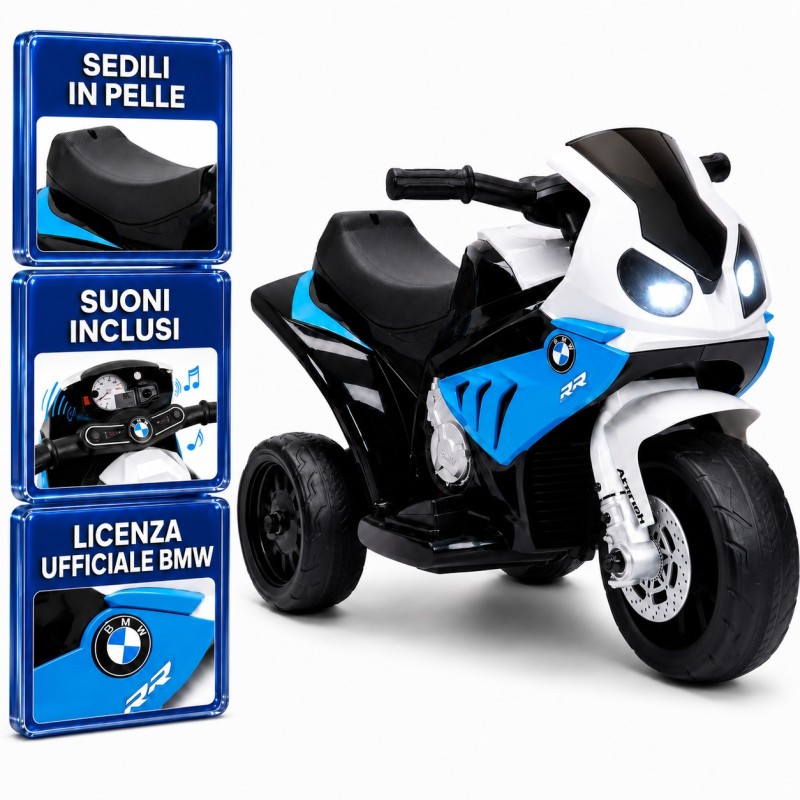 Moto Elettrica per Bambini 18-36 Mesi 6V BMW  S1000RR Sedile Pelle Suoni e Luci portata 20KG Blue